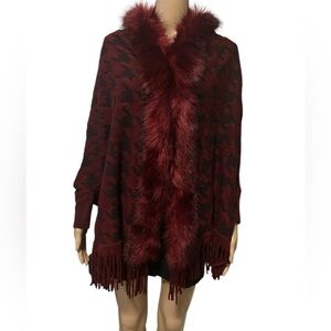 Burgundy Houndstooth Poncho with Faux Fur Trim